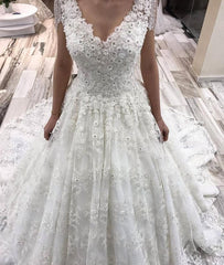 Classy Long A-Line Deep V-neck Appliques Lace Floor Length Wedding Dress