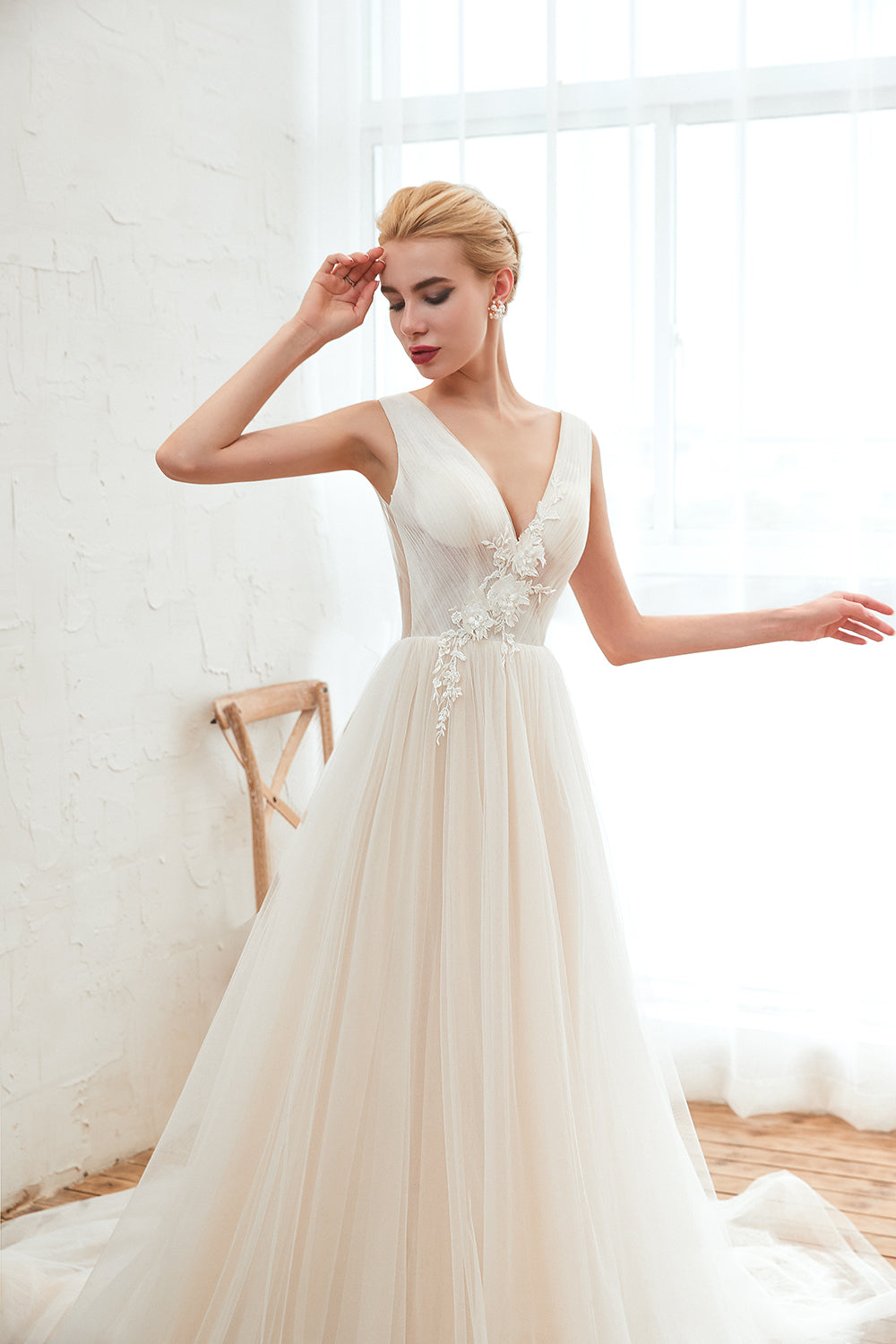 Long Wide Straps Deep V-neck A-Line Floor Length Tulle Wedding Dress