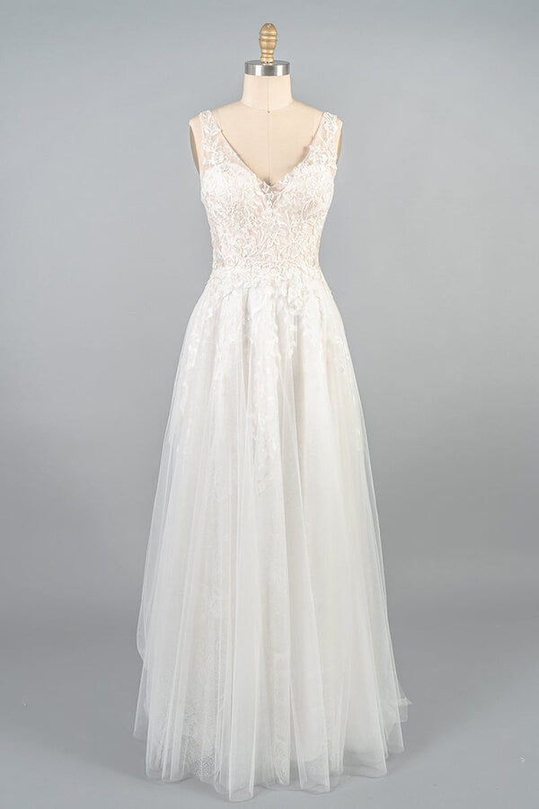 Long V-neck Appliques Tulle A-line Open Back Wedding Dress