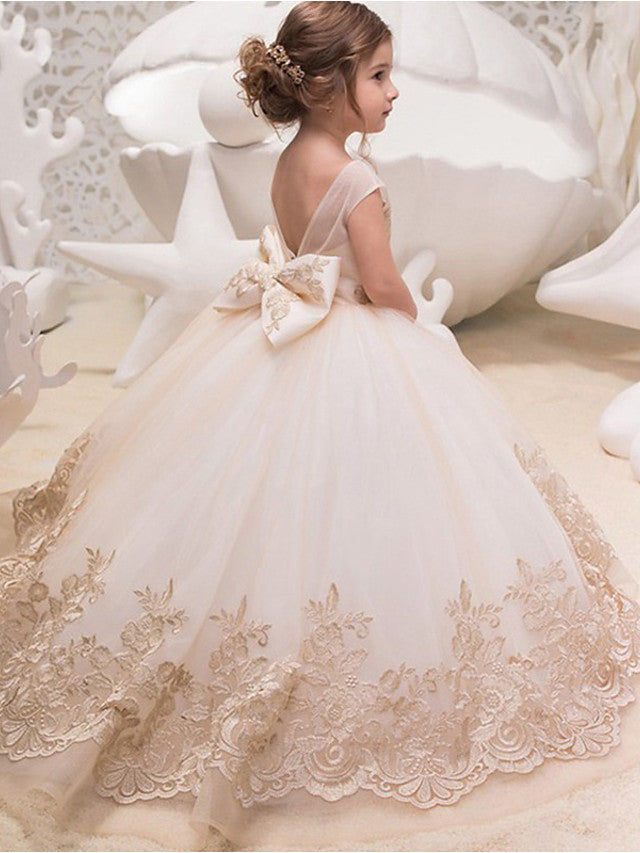 Long Ball Gown Tulle Lace Jewel Neck Flower Girl Dresses with Appliques Lace