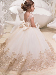 Long Ball Gown Tulle Lace Jewel Neck Flower Girl Dresses with Appliques Lace