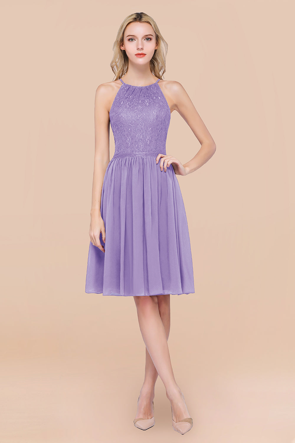 A-line Chiffon Lace Jewel Sleeveless Knee-Length Bridesmaid Dresses with Ruffles