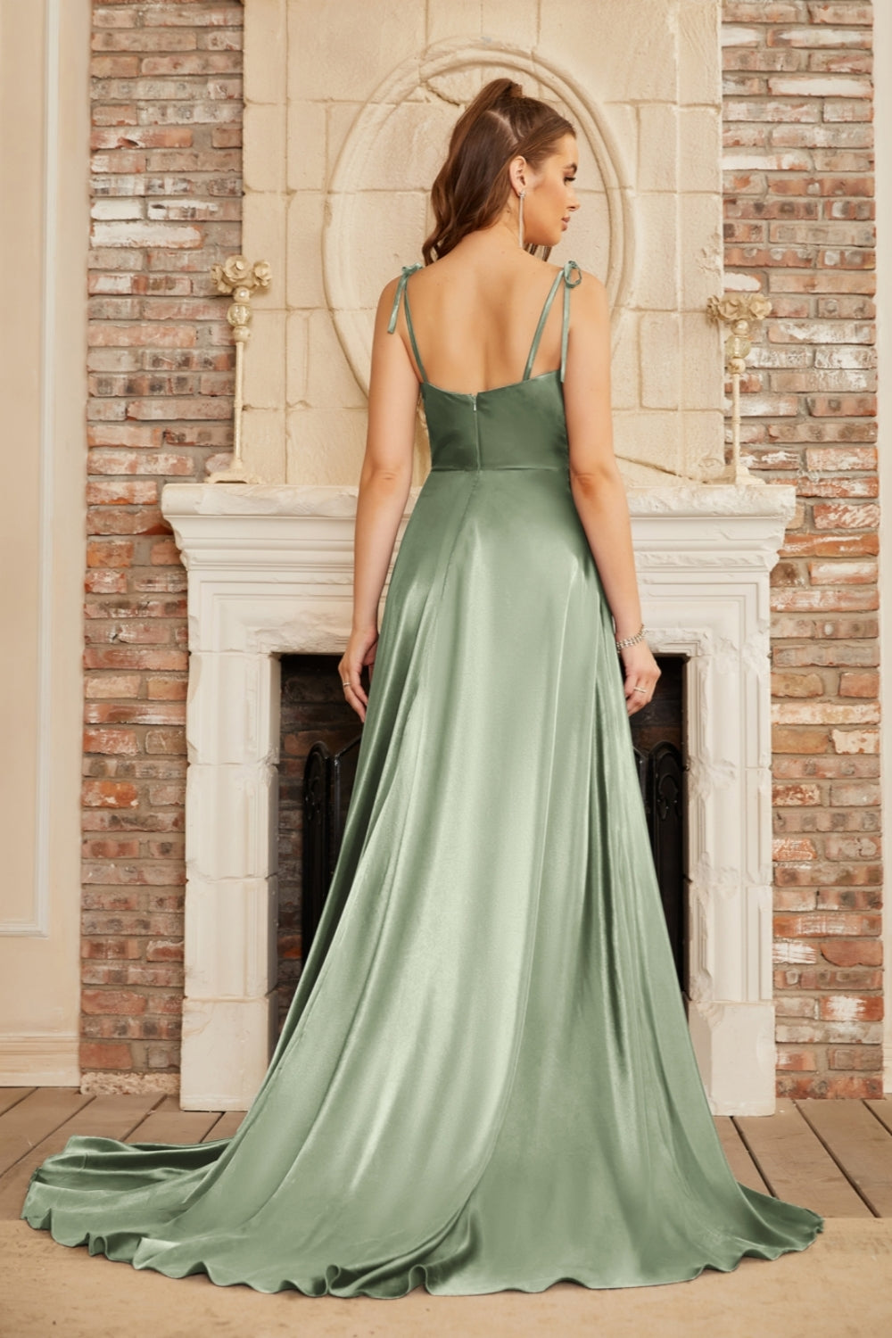 Elegant Long A-line Satin Backless Formal Prom Dresses with Slit