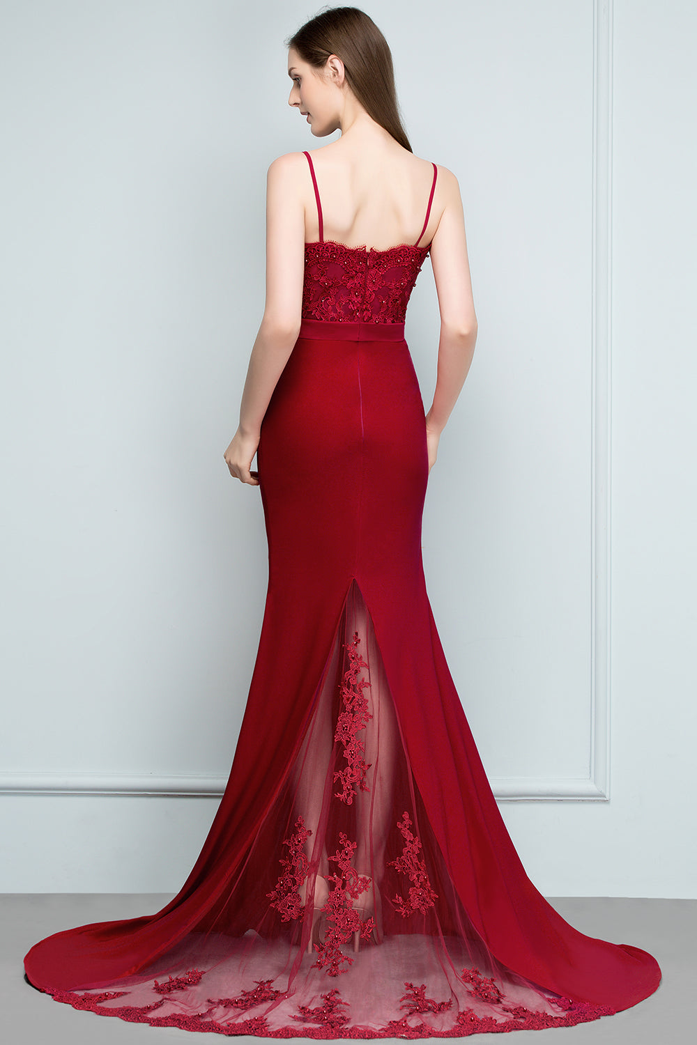 Mermaid Charmeuse Lace Spaghetti Straps Sweetheart Bridesmaid Dresses with Beads