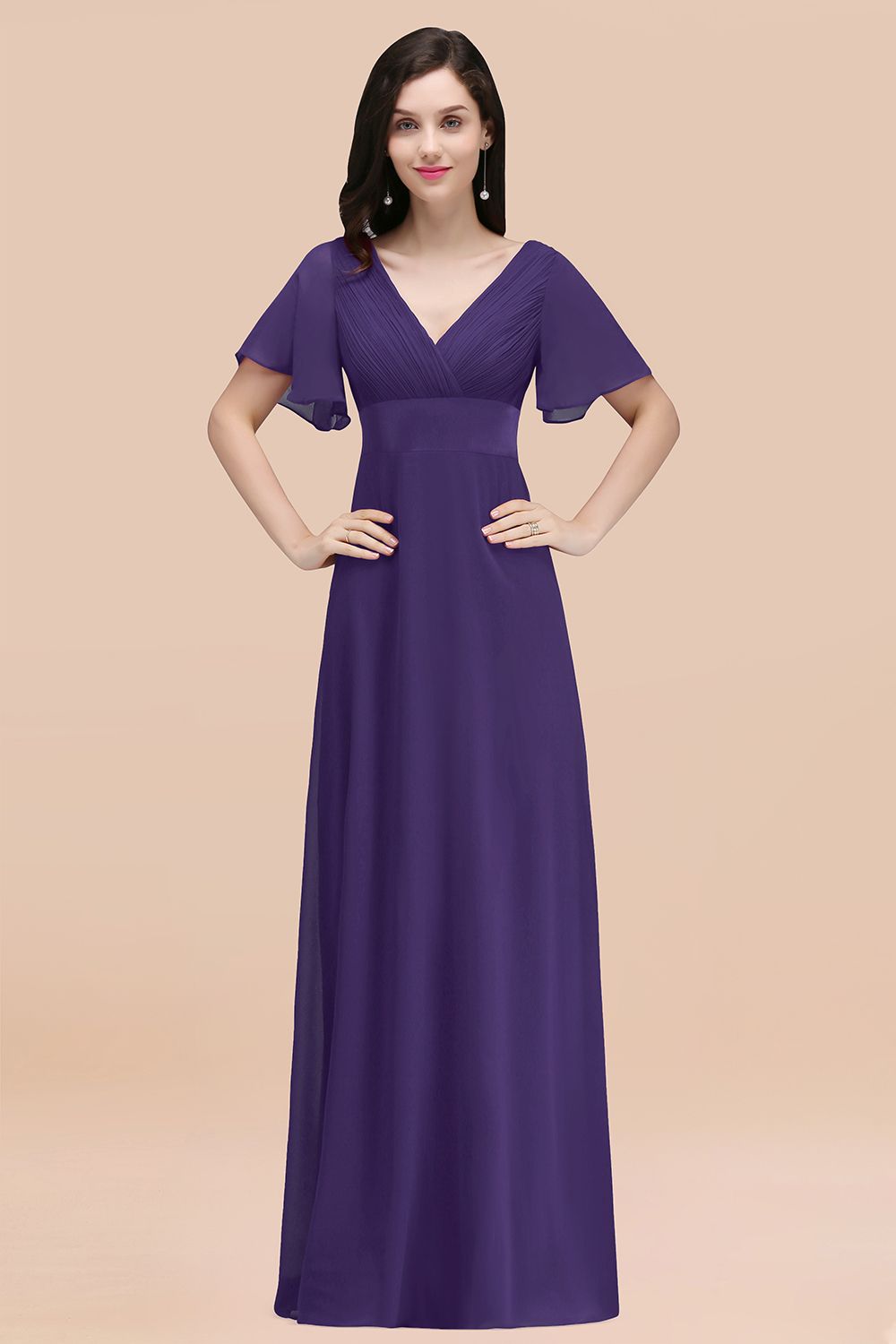 Simple A-Line Chiffon V-Neck Short Sleeves Ruffles Floor Length Bridesmaid Dresses