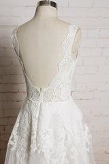 Chic Long V-neck Appliques Lace Tulle A-line Wedding Dress