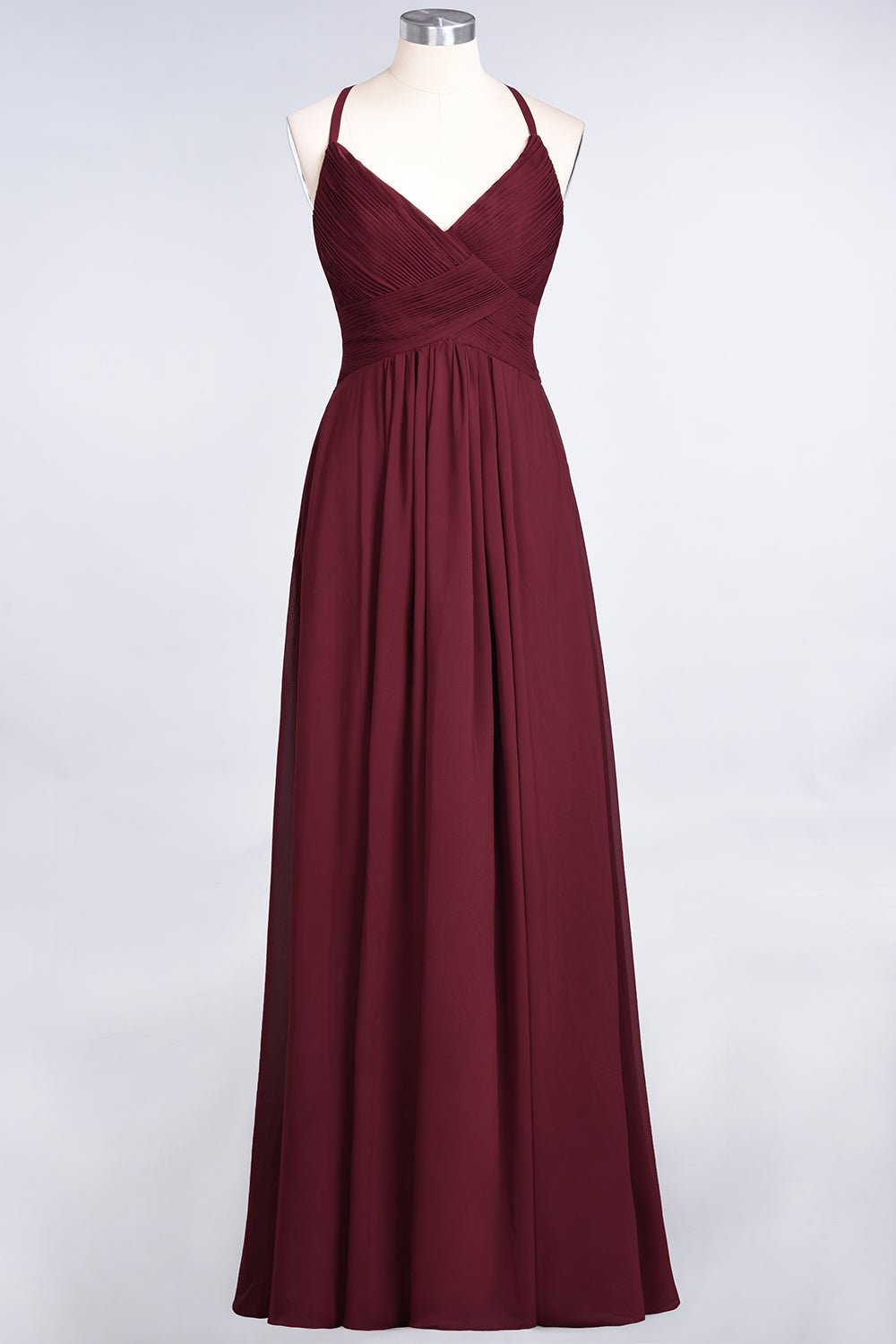 A-Line Chiffon Spaghetti Straps V-Neck Sleeveless Floor Length Bridesmaid Dress with Ruffles