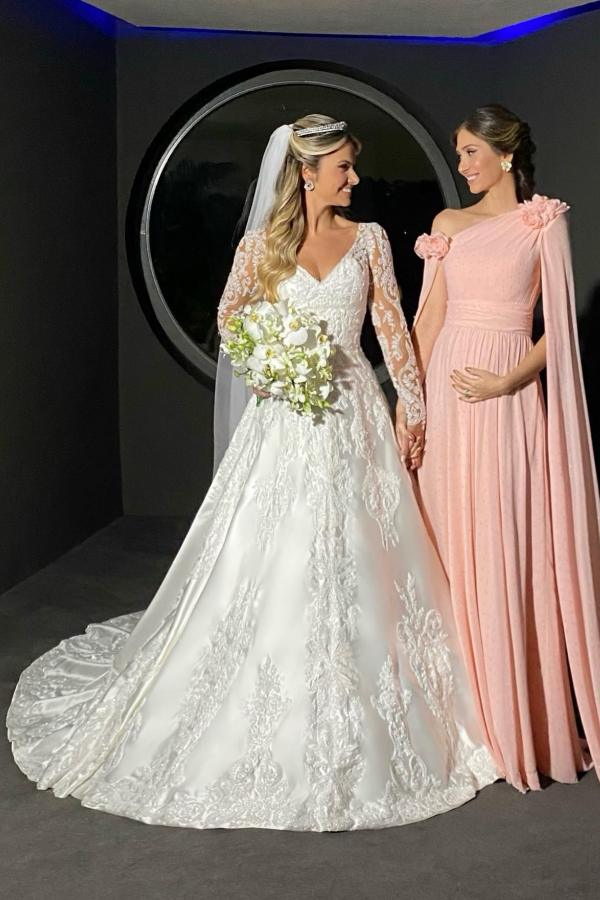 Elegant Long Sleeves A-line V-neck Satin Floral Lace Wedding Dress