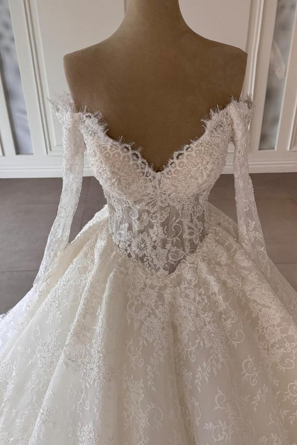 V-Neck Long A-Line White Lace Wedding Dresses Tulle With Ruffles