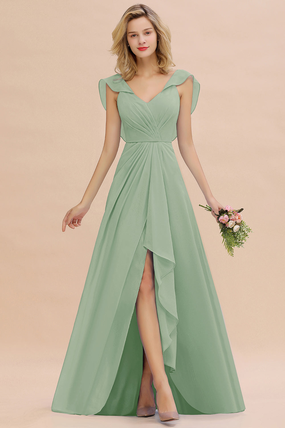 Simple High Low A-line V-Neck Ruffles Chiffon Bridesmaid Dress