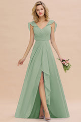 Simple High Low A-line V-Neck Ruffles Chiffon Dusty Sage Bridesmaid Dress