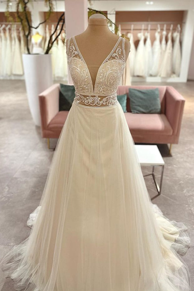 Long Sweetheart A-Line Tulle Floor Length Wedding Dress With Appliques Lace
