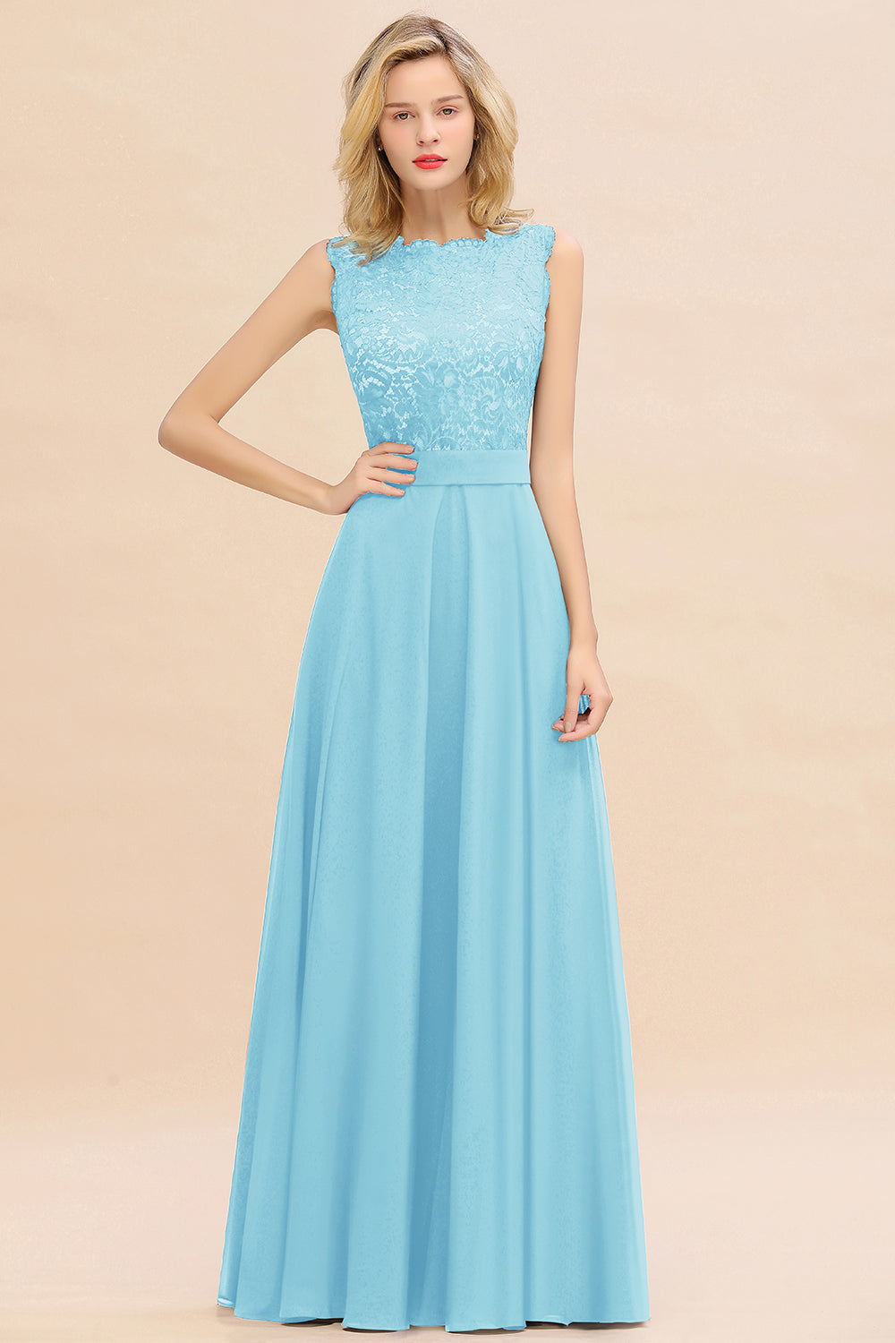 Long A-line Chiffon Lace Sleeveless Bridesmaid Dresses