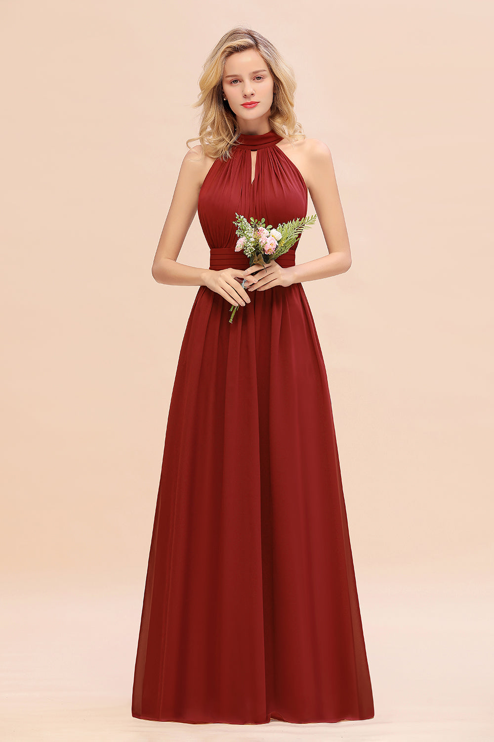 Dusty Sage Long High Neck Chiffon Bridesmaid Dresses with Ruffle