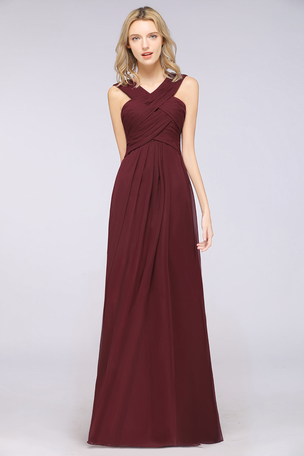 A-Line Chiffon V-Neck Straps Sleeveless Floor Length Bridesmaid Dress with Ruffles