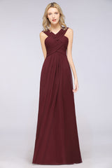 A-Line Chiffon V-Neck Straps Sleeveless Floor Length Bridesmaid Dress with Ruffles