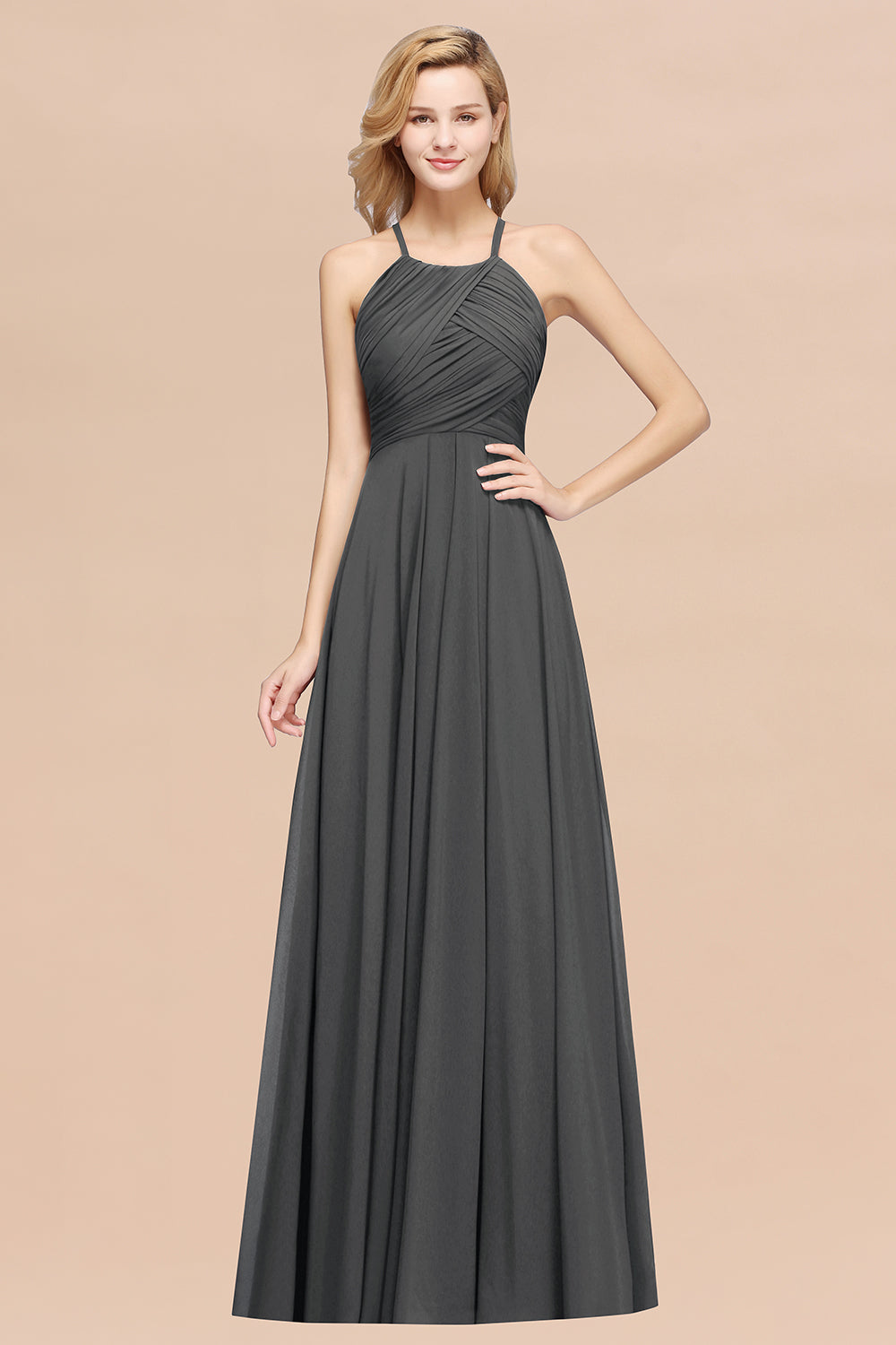 A-Line Chiffon Halter Ruffles Floor Length Bridesmaid Dress