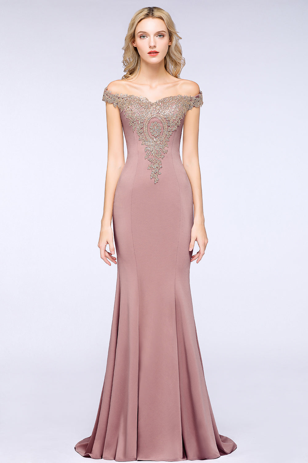 Dusty Rose Long Mermaid Off the Shoulder Satin Lace Formal Evening Dresses