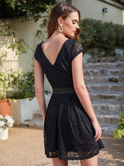 Short Black Cap Sleeves Lace A line Party Dress with Bow