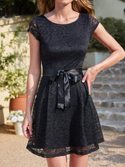 Short Black Cap Sleeves Lace A line Party Dress with Bow