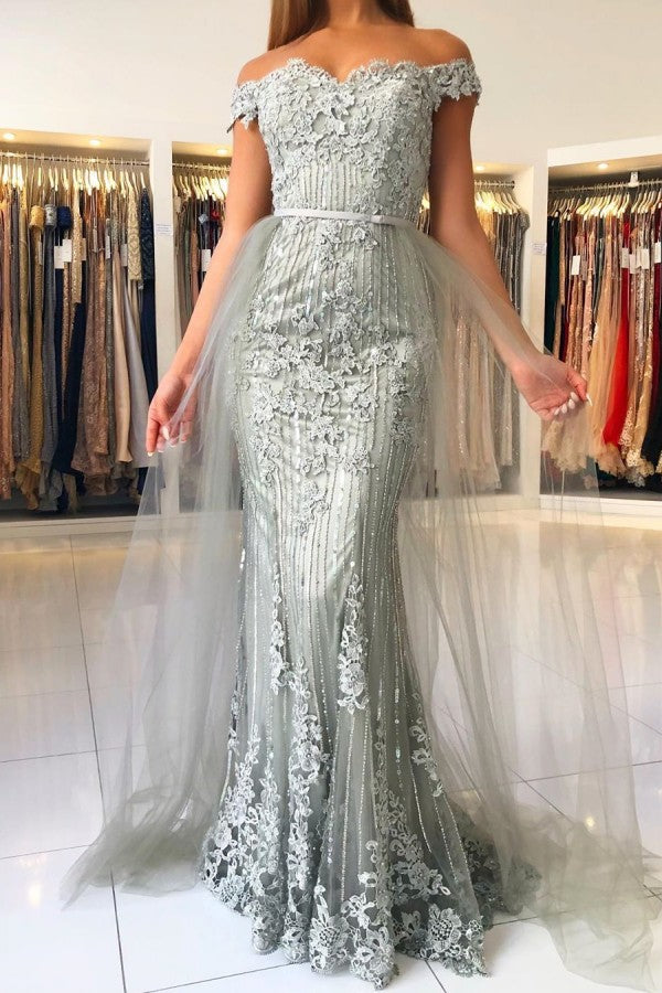 Long Mermaid Off the Shoulder Tulle Lace Prom Dress