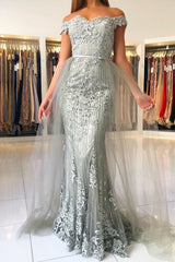 Long Mermaid Off the Shoulder Tulle Lace Prom Dress