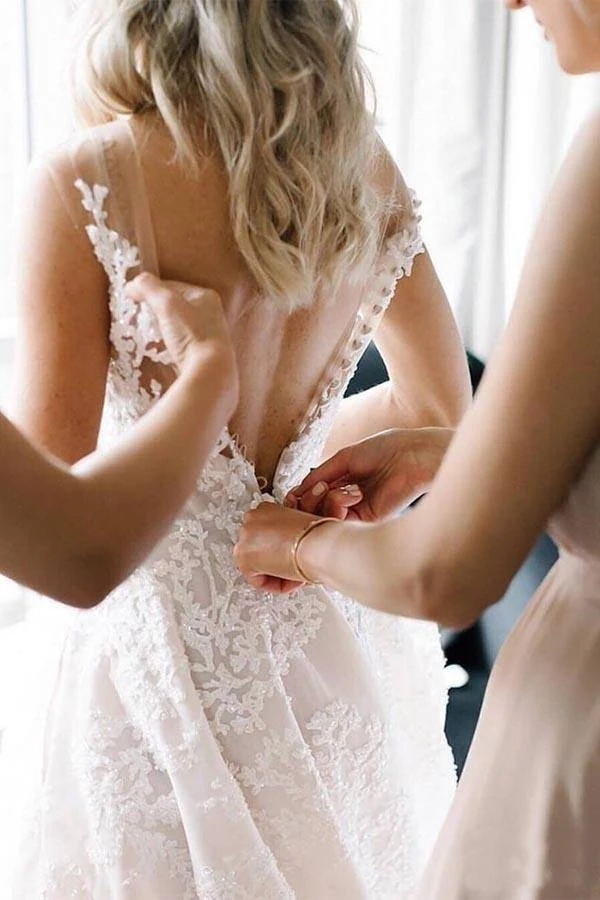 Long Straps V-neck Floral Lace Beads A-line Wedding Dress