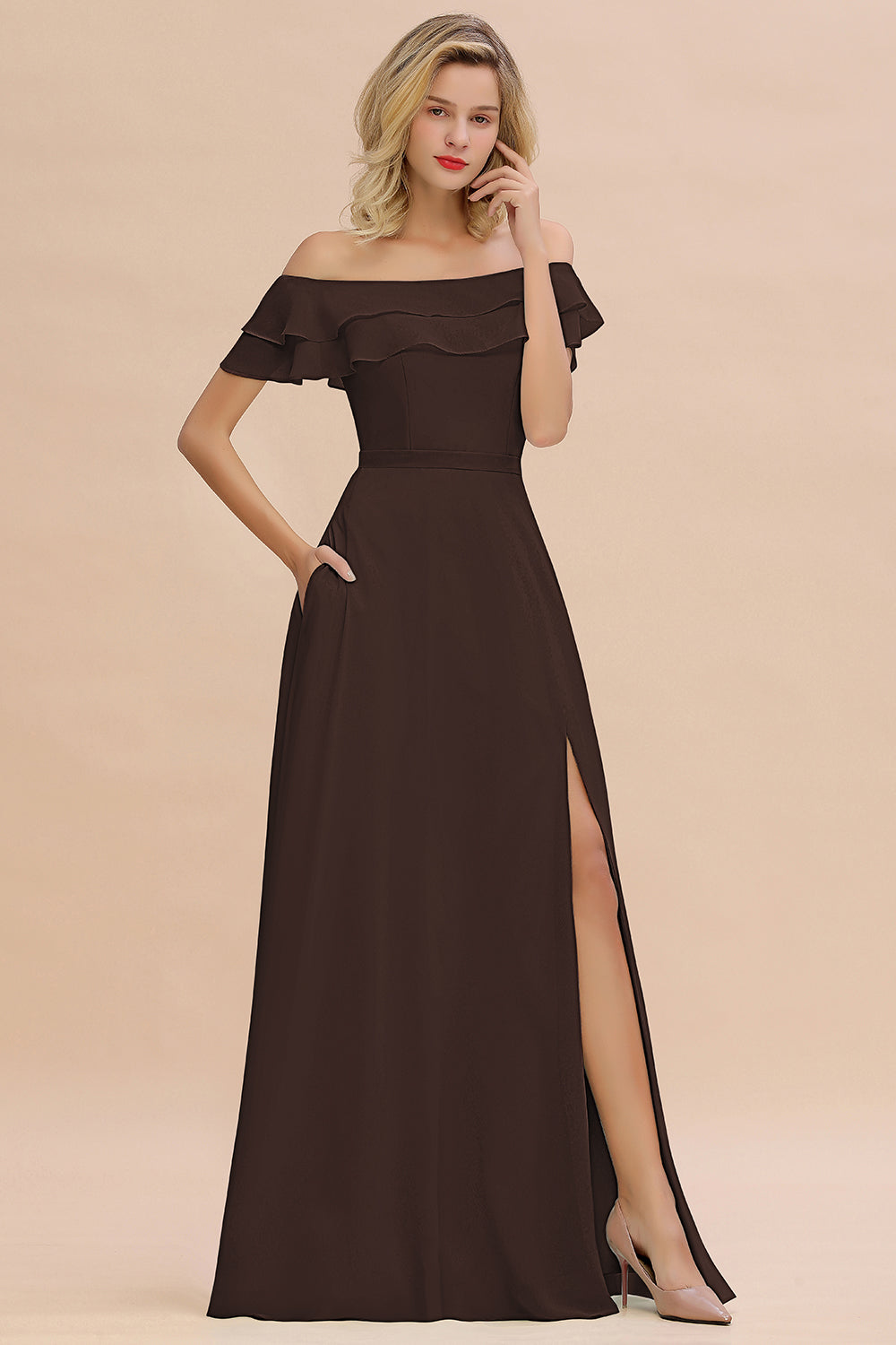 Off the Shoulder Front Slit Mint Green Long Bridesmaid Dress