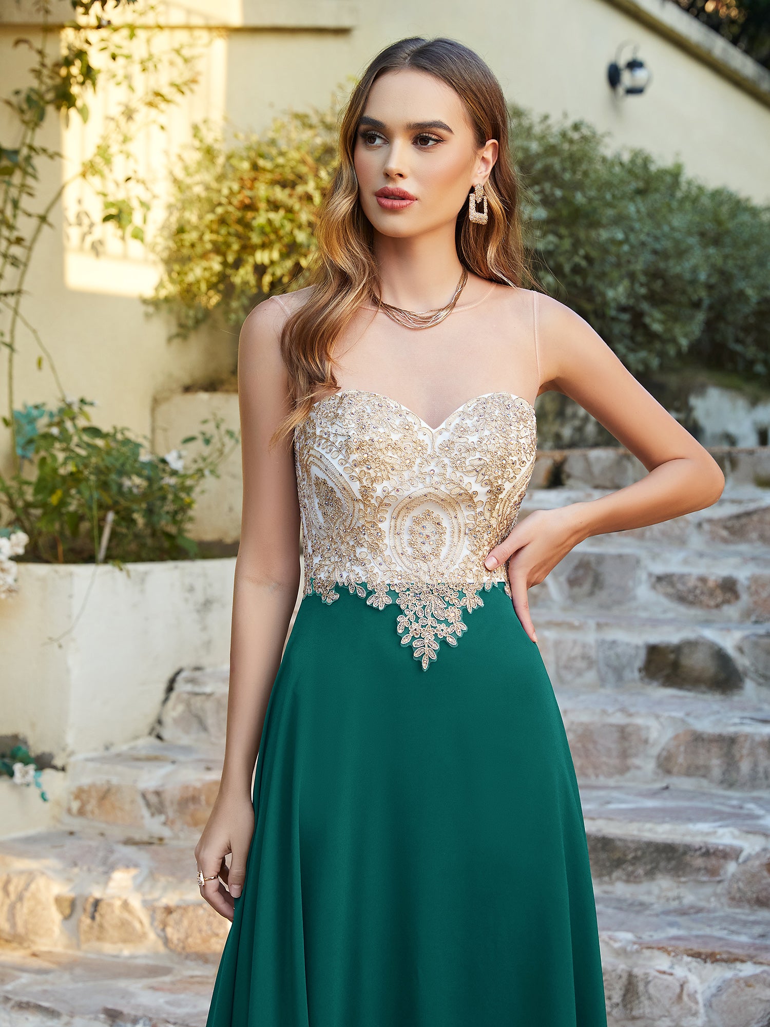 Elegant Long A-line Chiffon Sleeveless Tulle Lace Appliques Prom Dress