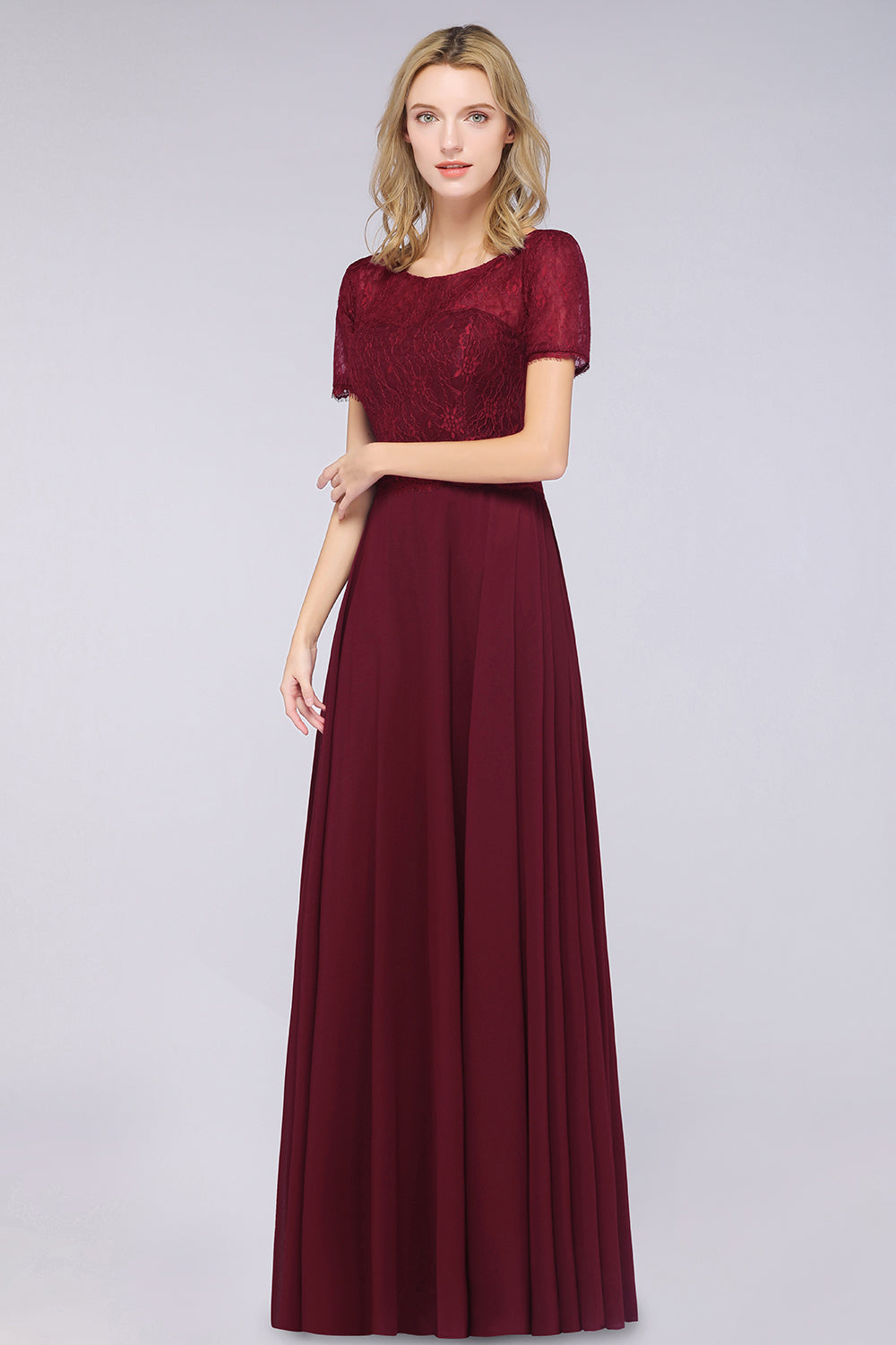 A-Line Chiffon Lace Round-Neck Short Sleeves Floor Length Bridesmaid Dress