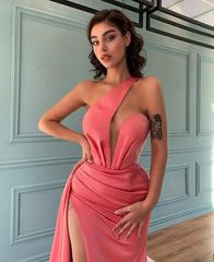 Long Mermaid One Shoulder Satin High Split Formal Prom Dresses