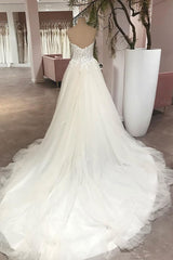 Long A-Line Sweetheart Backless Tulle Appliques Lace Floor Length Wedding Dress