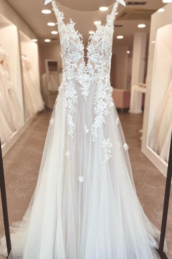 Sexy A-Line Deep V-Neck Lace Tulle Long Front Split Wedding Dress with Appliques