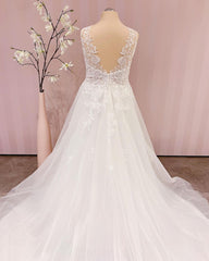 Simple Long V-neck A-Line Backless Floor Length Wedding Dress With Appliques Lace