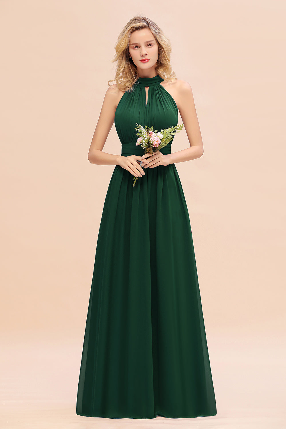 Dusty Sage Long High Neck Chiffon Bridesmaid Dresses with Ruffle