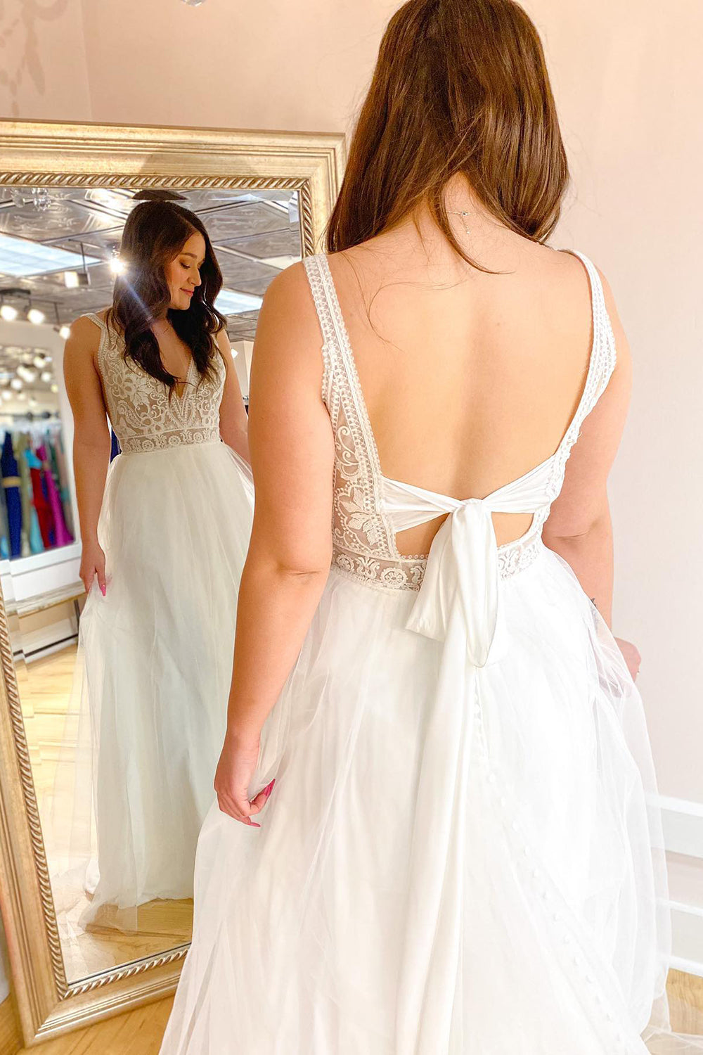 Long A-Line Deep V-neck Spaghetti Straps Tulle Train Open Back Wedding Dress