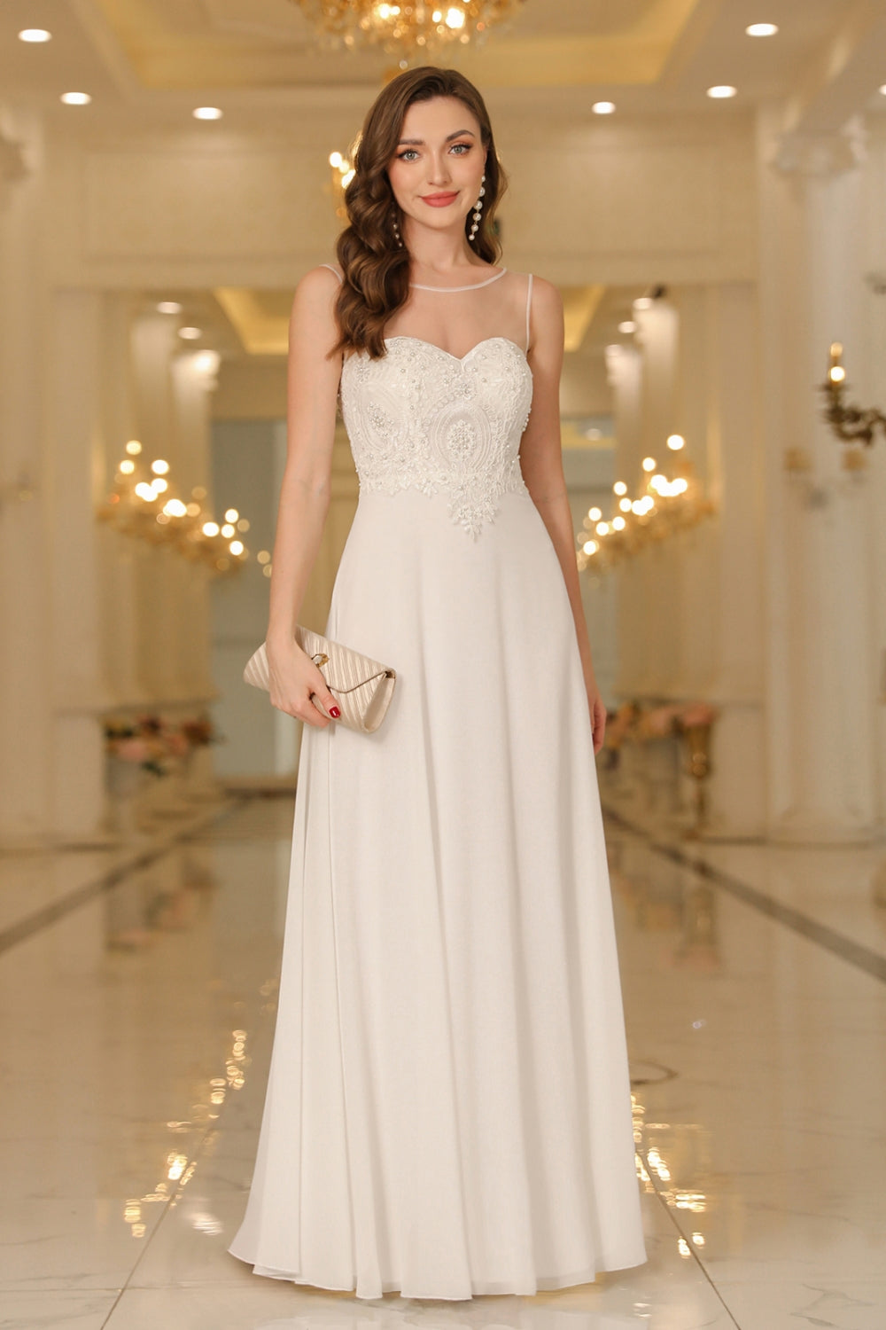 Elegant Long Scoop Neck Sleeveless Lace Appliques Chiffon Evening Dress