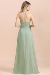 Chic Sage A-Line Halter Bridesmaid Dress Sweetheart Chiffon Wedding Guest Dress