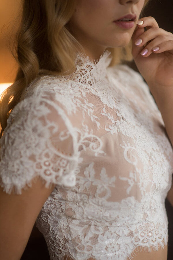 Long A-line Lace Tulle Two Piece Wedding Dress with Short Sleeve