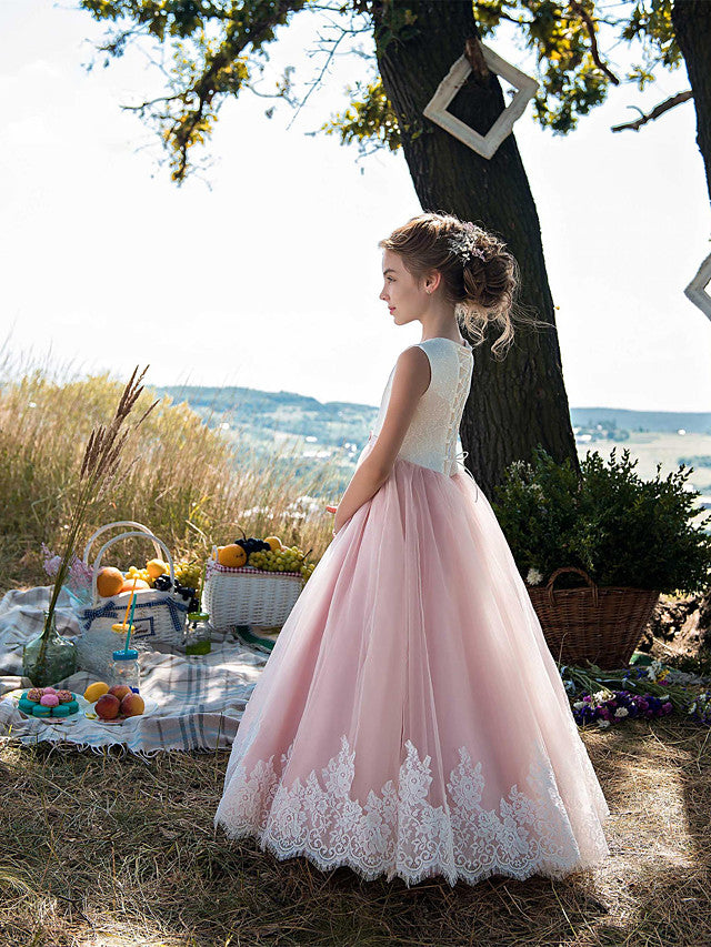 Long A-line Tulle Lace Sleeveless Jewel Neck Birthday Party Girl Dresses