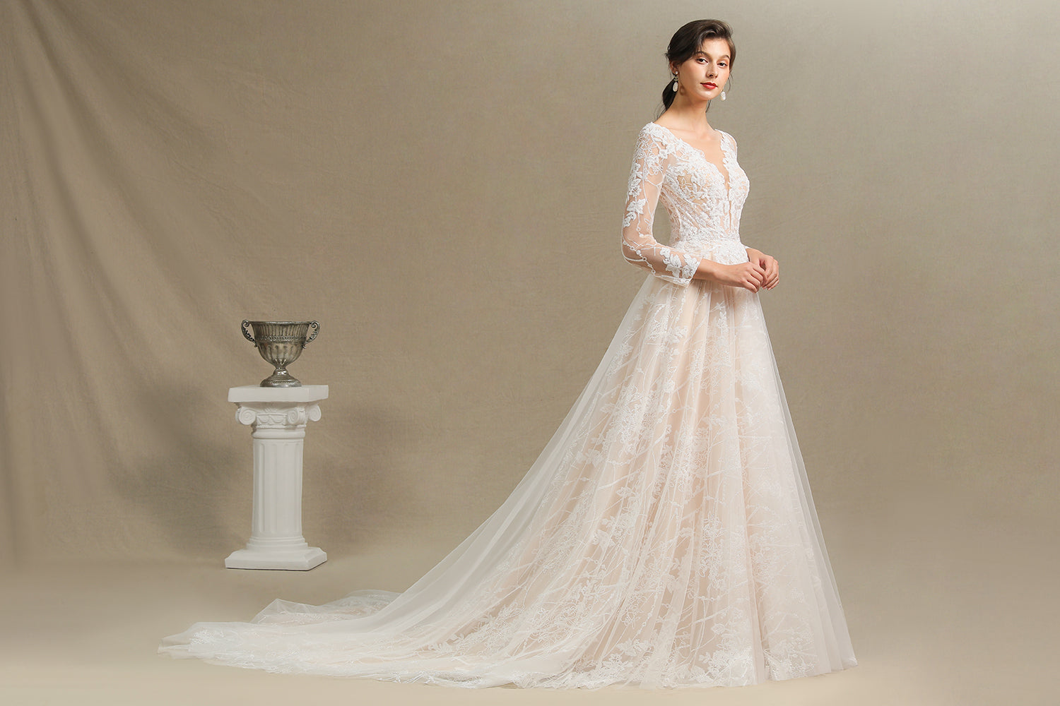Long A-line V-neck Tulle Lace Wedding Dress with Sleeves