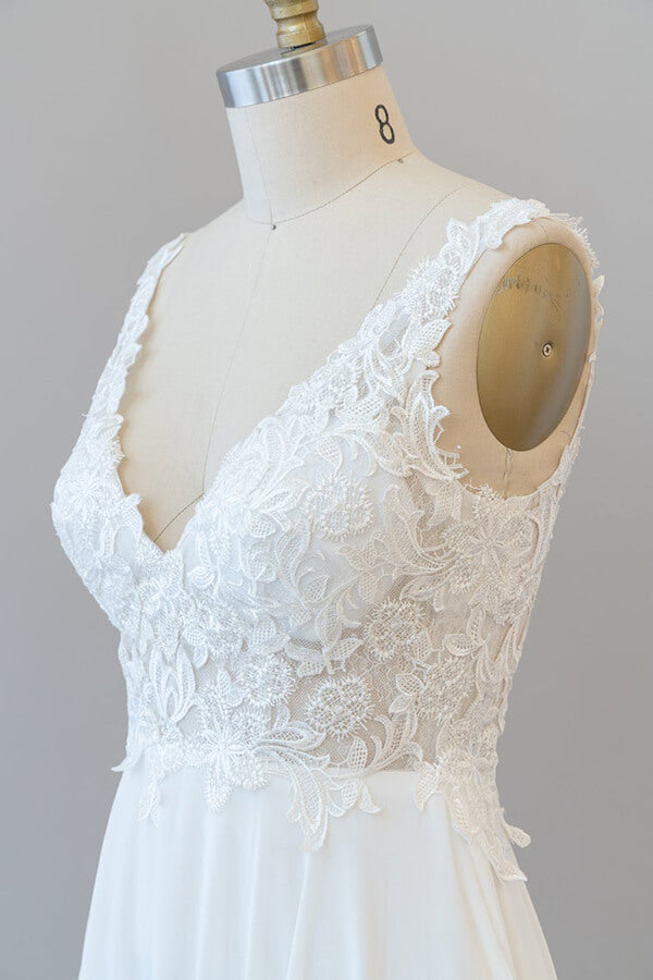 Long V-neck Appliques Lace Chiffon A-line Wedding Dress