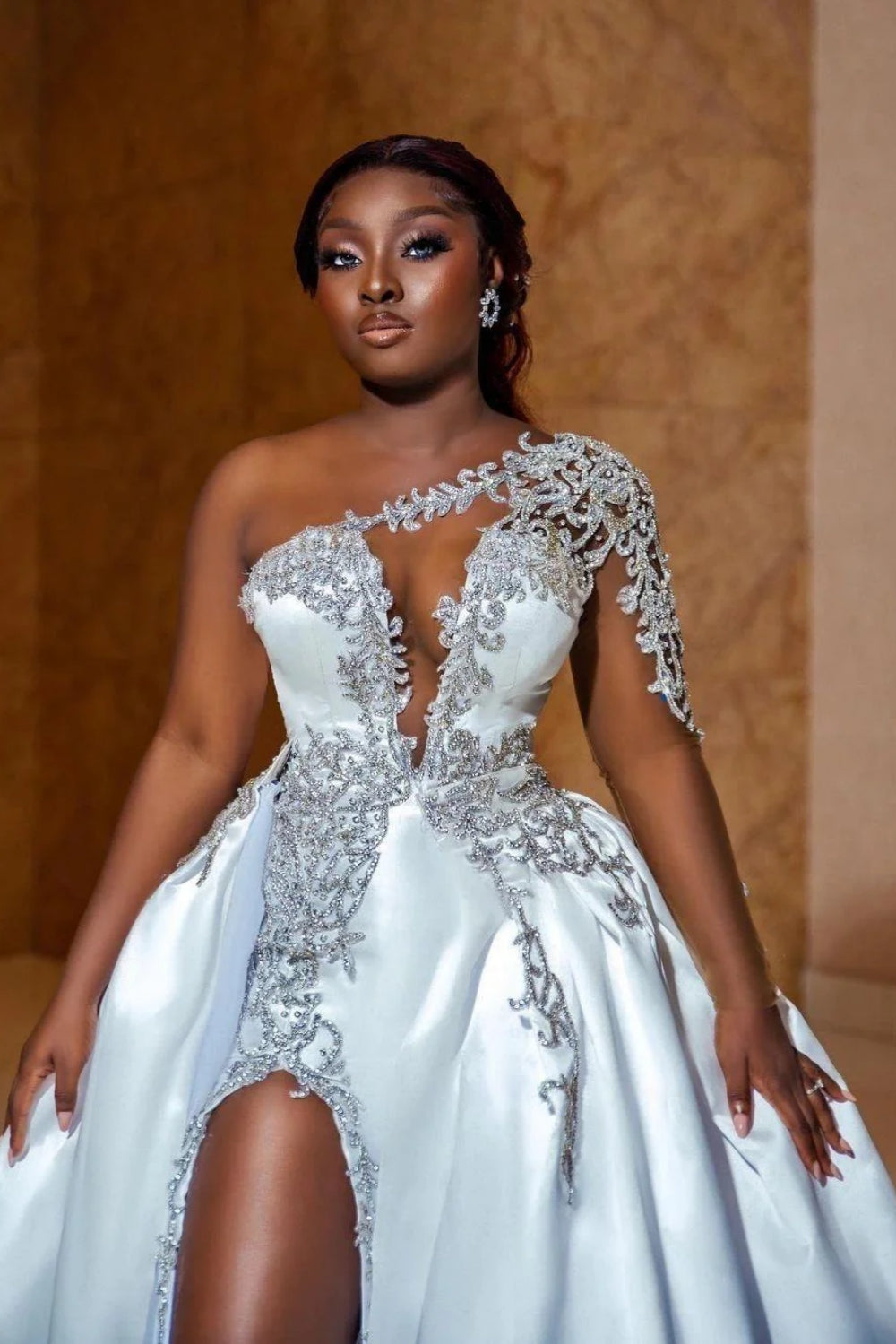 Gorgeous Long Sleeves Ball Gown One Shoulder Satin Lace Wedding Dress with Side Split