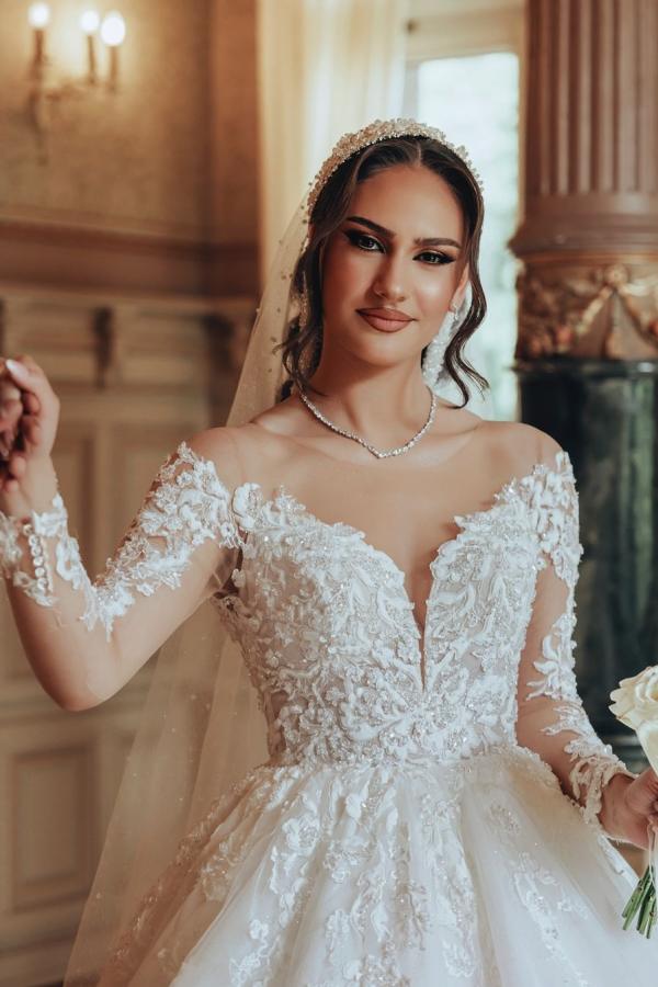 Gorgeous Long Sleeves Appliques Lace White Long Tulle A-line Wedding Dress