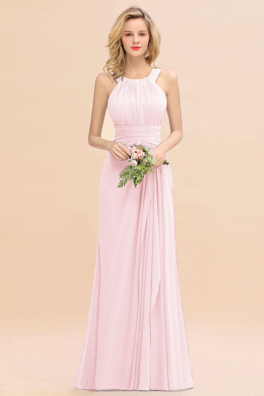 Long A-line Halter Chiffon Backless Floor Length Bridesmaid Dresses