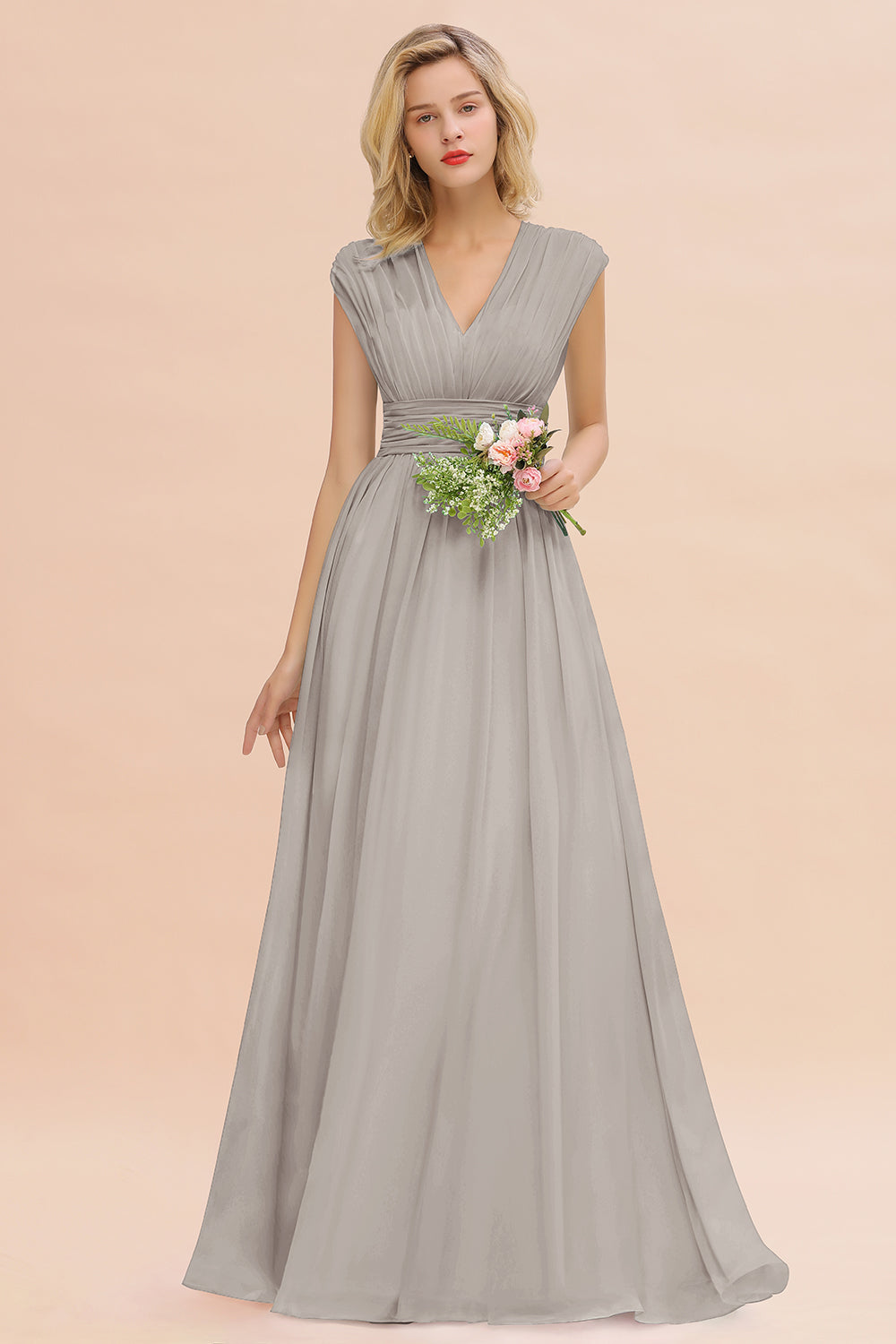 Chiffon V-Neck Sleeveless Elegant A-line Ruffles Bridesmaid Dress