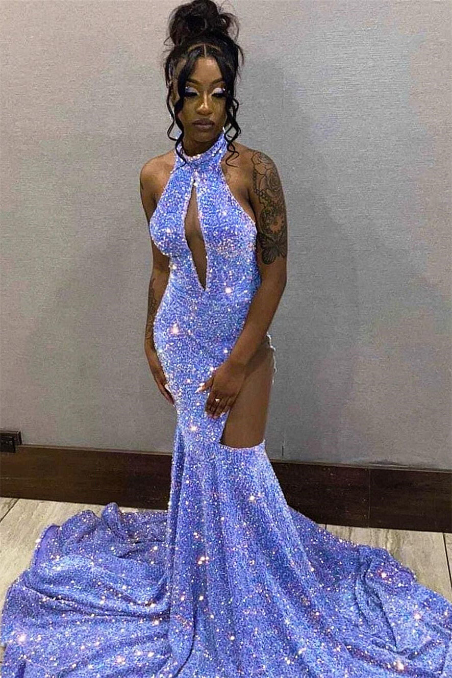 Sparkle Halter Sleeveless Mermaid Long Prom Dress with Seqins