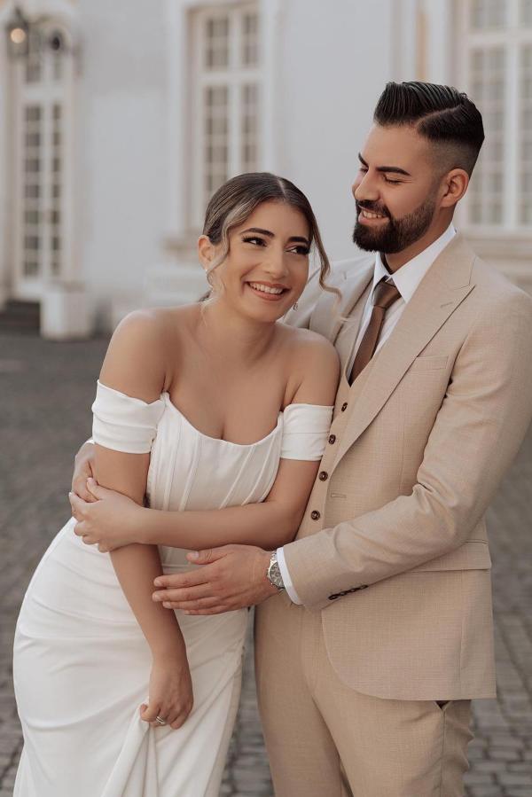 Simple Long Mermaid Off the shoulder Satin Wedding Dress with slit