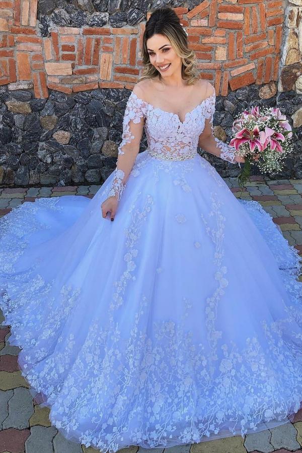 Luxury Long A-line Off the shoulder Tulle White Wedding Dress with Sleeves