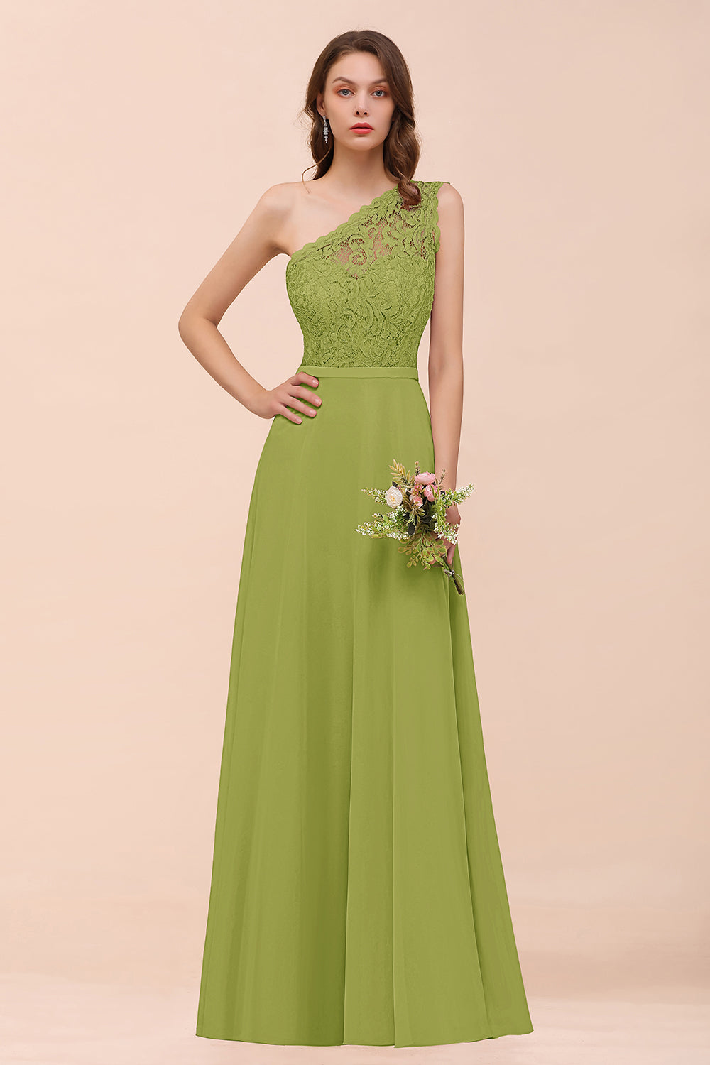 Classy One Shoulder Appliques Lace Floor Length A-Line Chiffon Bridesmaid Dress